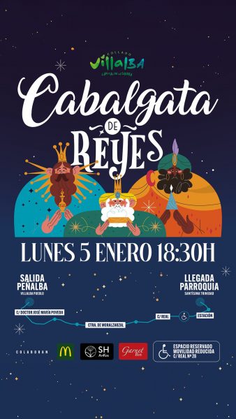 Cartel ilustrado de la Cabalgata de Reyes en Collado Villalba. Aparecen los tres Reyes Magos sobre un fondo azul oscuro estrellado
