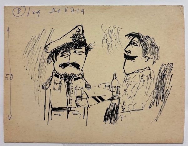 Caricatura a tinta negra que muestra a un militar con uniforme y bigote junto a un hombre civil que fuma, ambos con expresiones irónicas y trazos rápidos.