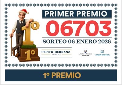Cartel conmemorativo de la administración de loterías Pepito Herranz que anuncia el primer premio del Sorteo de El Niño del 6 de enero de 2026.