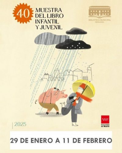 Cartel ilustrado de la 40ª Muestra del Libro Infantil y Juvenil, con personajes bajo la lluvia y datos del evento.