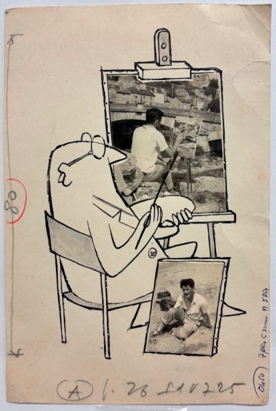 Un dibujo original en blanco y negro que combina trazos esquemáticos de un hombre sentado frente a un caballete con recortes de fotografías reales.