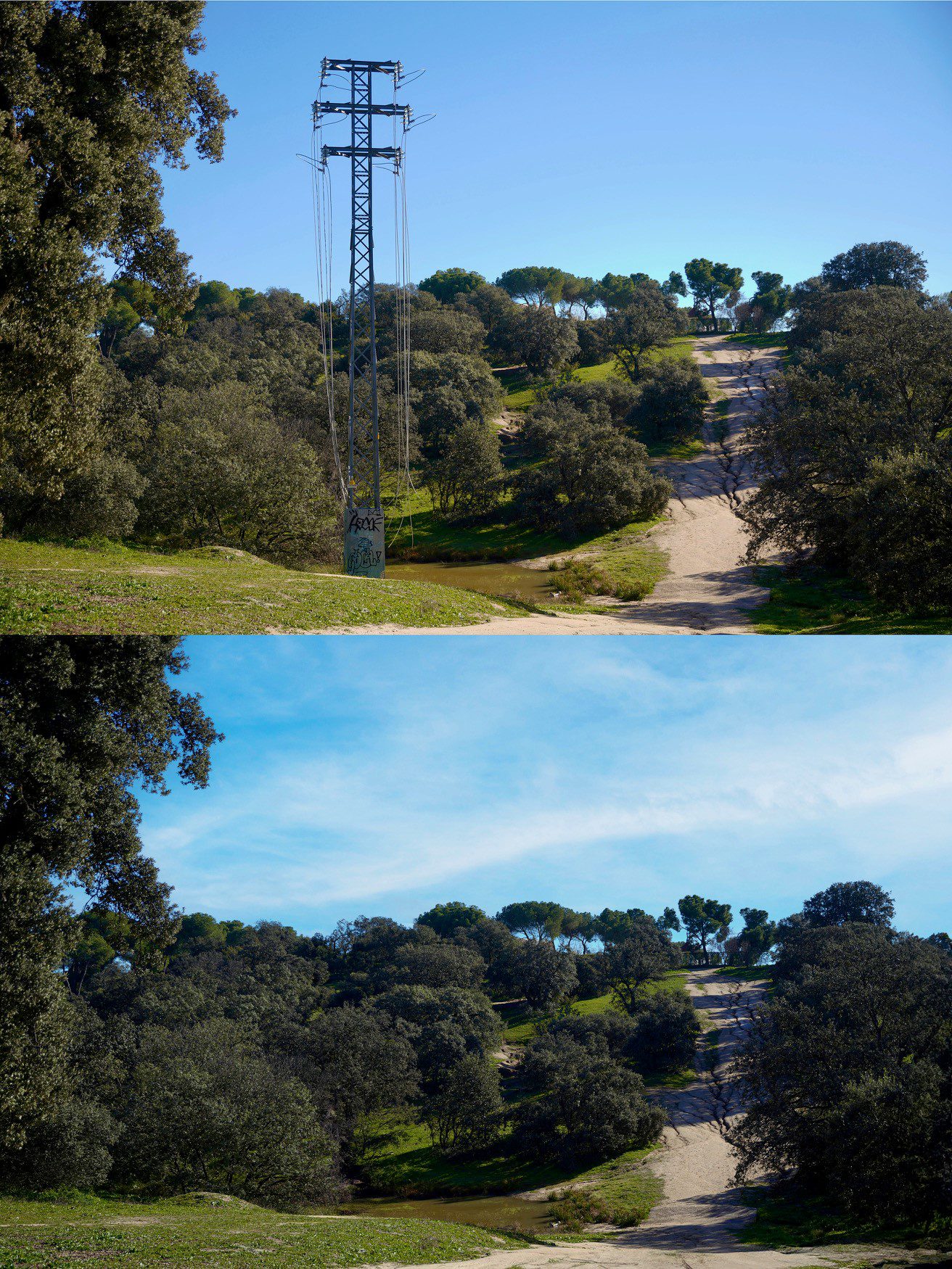 Antes y después del soterramiento de la línea eléctrica en la Dehesa de Navalcarbón