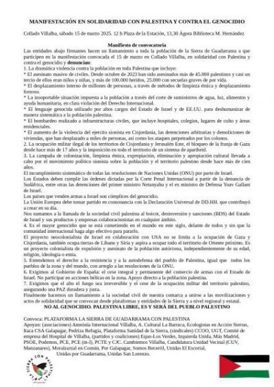 Manifiesto de convocatoria a la manifestación en solidaridad con Palestina