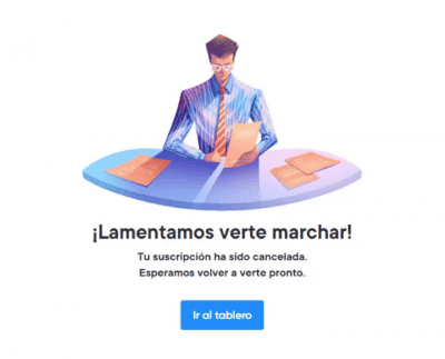 Ilustración de un hombre sentado en una mesa con documentos, junto al mensaje '¡Lamentamos verte marchar!