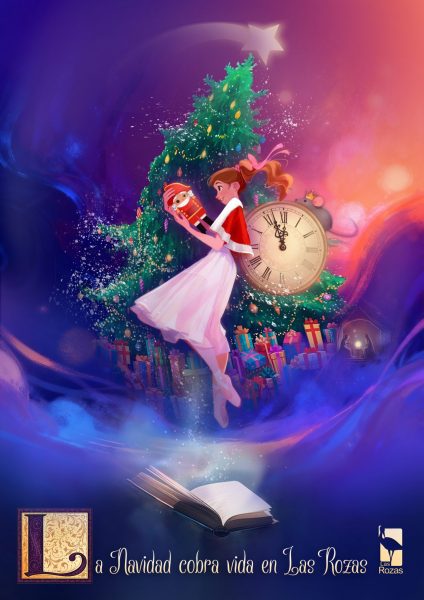 Cartel oficial de la Navidad en Las Rozas, con ilustración de Clara y el Cascanueces frente a un árbol.