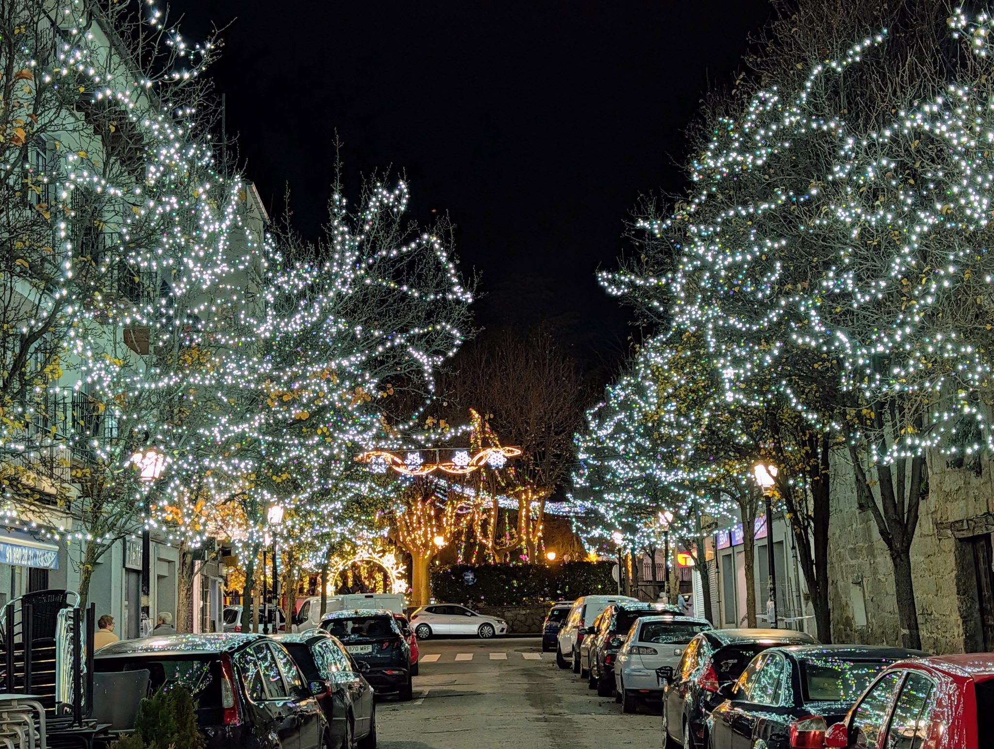 Calle céntrica con árboles cubiertos de luces blancas brillantes y coches aparcados.