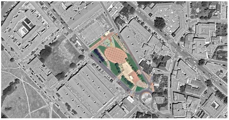Vista aérea de un plano urbanístico en blanco y negro con el diseño del parque de la Calleja del Potro resaltado en colores verde y naranja.