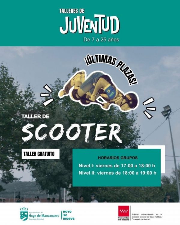 Cartel del taller gratuito de Scooter con una imagen de un joven saltando con un patinete y detalles sobre los horarios de los viernes.