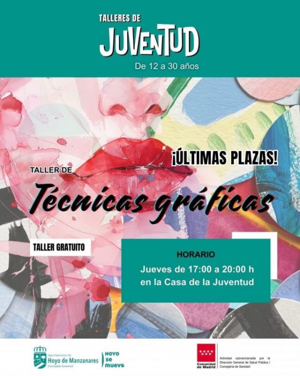 Cartel del taller de Técnicas Gráficas Mixtas con una ilustración artística de un rostro en acuarela y fondo colorido.