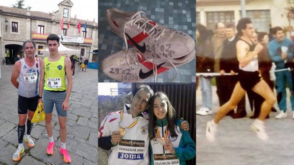Collage de cuatro imágenes que incluyen a corredores con dorsales en una plaza, unas zapatillas de atletismo con tiempos escritos a mano.