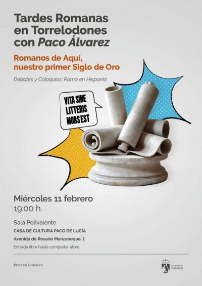 Cartel con una ilustración de pergaminos romanos antiguos sobre una base de piedra y el texto "Vita sine litteris mors est".