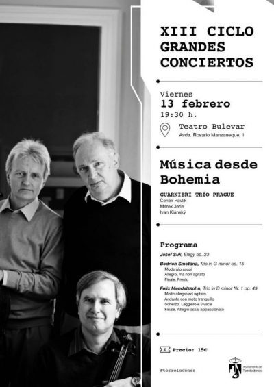 Los tres músicos del Guarnieri Trío Prague posando con sus instrumentos: piano, violín y violonchelo