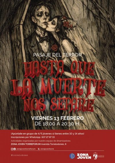 Cartel del pasaje del terror "¡Hasta que la muerte nos separe!" de Zona Joven Torreforum. Ilustración de novia y novio zombis besándose.