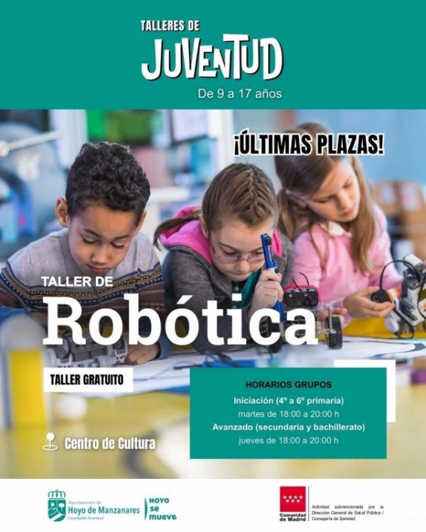 Cartel del taller de Robótica que muestra a tres menores trabajando concentrados en el montaje de componentes tecnológicos.