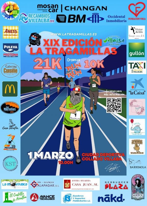 Cartel publicitario de la XIX Edición de La Tragamillas. Muestra una ilustración de corredores en una pista azul, destacando un corredor veterano.