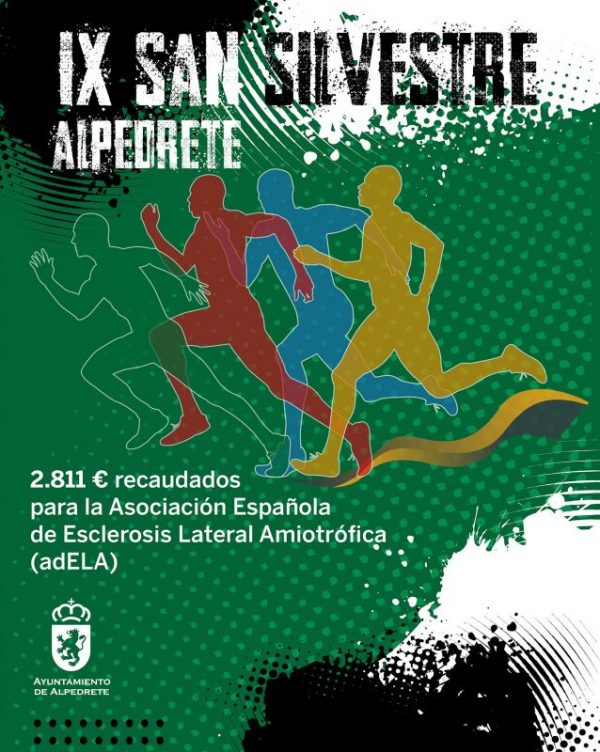 Cartel oficial de la IX San Silvestre de Alpedrete sobre fondo verde con siluetas de corredores, destacando la cifra de 2.811 € recaudados para la Asociación Española de Esclerosis Lateral Amiotrófica (adELA).