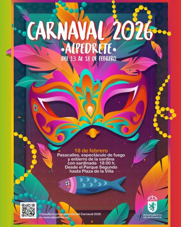 Cartel del Carnaval 2026 en Alpedrete con una máscara festiva de colores vibrantes, plumas y una sardina ilustrada que anuncia el pasacalles y la sardinada del 18 de febrero.
