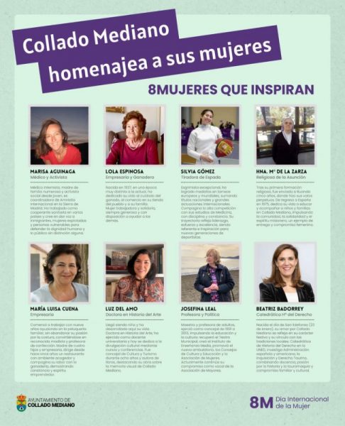Cartel de la campaña "8 Mujeres de Collado" para el 8 de marzo de 2026, que muestra fotografías y biografías de ocho mujeres homenajeadas por el Ayuntamiento de Collado Mediano.