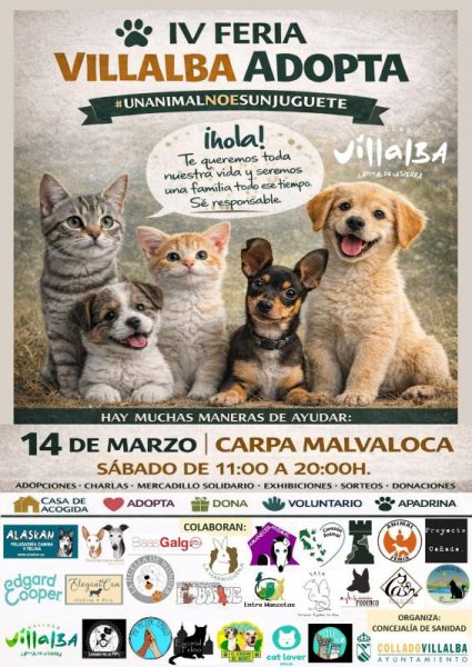 Cartel promocional de la IV Feria "Villalba Adopta" que se celebrará el 14 de marzo en la Carpa Malvaloca.