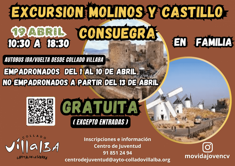 Cartel informativo marrón con fotos circulares del castillo y molinos de Consuegra, fechas de inscripción y logos municipales.