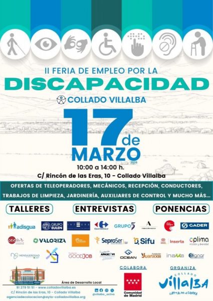 Cartel de la II Feria de Empleo por la Discapacidad de Collado Villalba con fecha (17 de marzo), horario, ubicación y logos de empresas participantes.