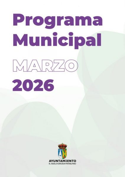 Cartel oficial del Programa Municipal de marzo 2026 del Ayuntamiento de El Boalo, Cerceda y Mataelpino. El diseño presenta tipografía en color púrpura.