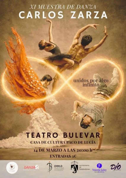 Cartel de la XI Muestra de Danza "Carlos Zarza" que muestra a cuatro bailarines de diferentes estilos (clásico, flamenco y urbano) formando un símbolo de infinito con luz.