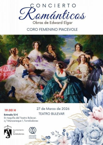 Cartel del concierto "Románticos" con una pintura clásica de damas de época en un jardín, anunciando obras de Edward Elgar por el Coro Femenino Piacevole.