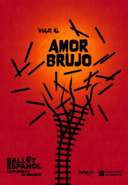Cartel artístico del espectáculo "Viaje al Amor Brujo" con fondo rojo vibrante, un círculo naranja central y trazos negros que simulan ramas o grietas.