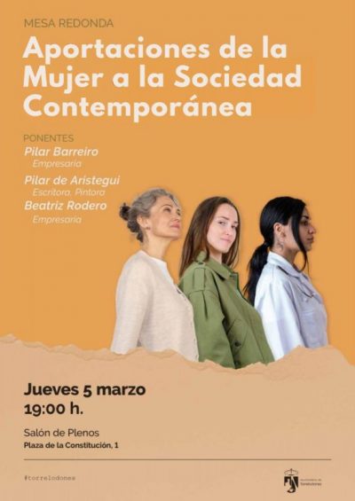 Cartel vertical en tonos ocres que anuncia la mesa redonda "Aportaciones de la Mujer a la Sociedad Contemporánea" con fotos de tres mujeres de perfil.