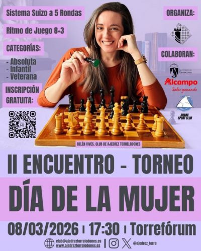 Cartel publicitario en tonos violetas del II Encuentro-Torneo Día de la Mujer, mostrando a una jugadora de ajedrez sonriente frente a un tablero.