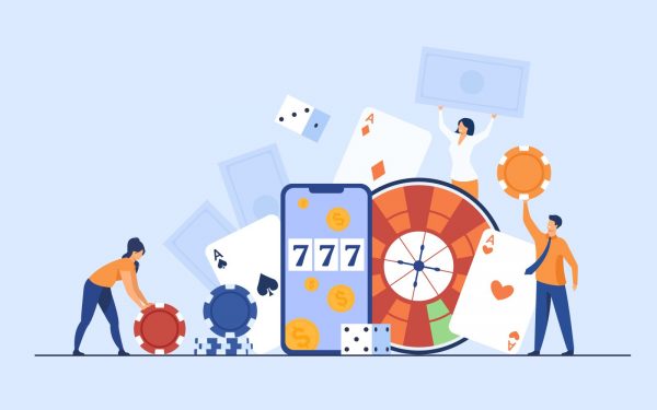 Ilustración plana con personas junto a un teléfono inteligente que muestra el número 777, una ruleta, cartas y fichas de casino.