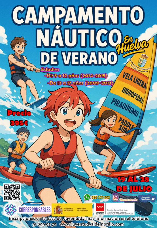 Cartel ilustrado de un campamento náutico en Huelva con niños practicando paddle surf y vela ligera