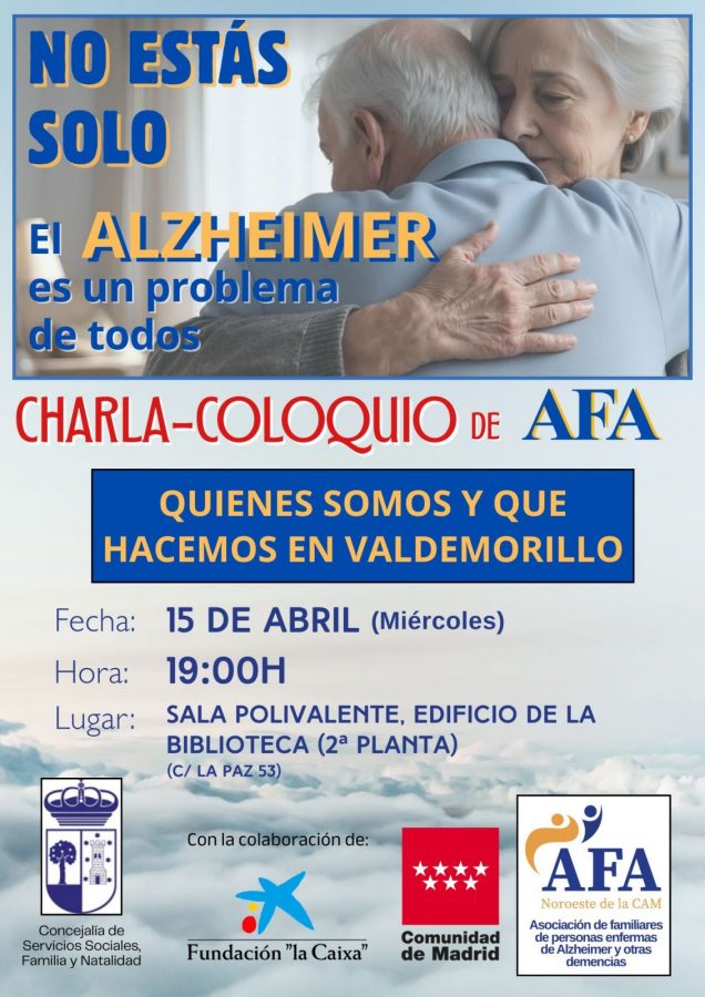 Primer plano de dos personas mayores abrazándose afectuosamente. Sobre la imagen, un texto en azul y amarillo reza: "NO ESTÁS SOLO, el ALZHEIMER es un problema de todos".
