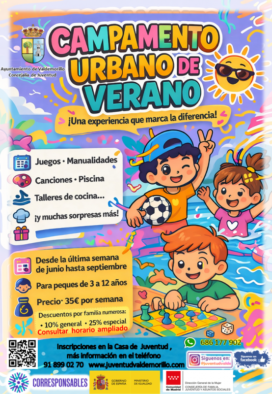Cartel colorido con dibujos infantiles que promociona el campamento urbano en el Colegio Juan Falcó.
