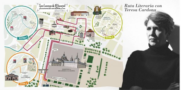 Cartel promocional con un mapa ilustrado de San Lorenzo de El Escorial que marca un itinerario en rojo por el municipio.
