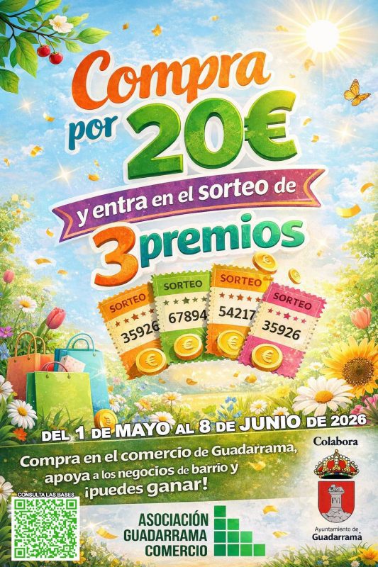 Cartel publicitario primaveral que invita a comprar por 20€ para entrar en un sorteo de 3 premios en Guadarrama.