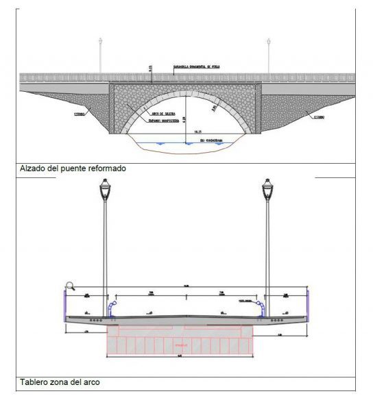 Planos técnicos del alzado y la sección del tablero del puente reformado sobre el río Guadarrama.