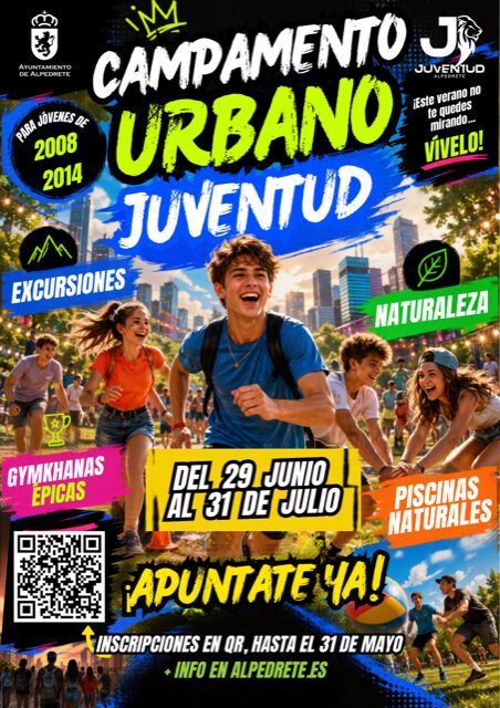 Cartel colorido con jóvenes corriendo al aire libre que anuncia el Campamento Urbano Juventud del 29 de junio al 31 de julio.