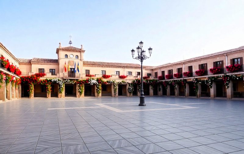 Amplia plaza peatonal empedrada rodeada de edificios históricos con balcones decorados con flores rojas y una farola central.