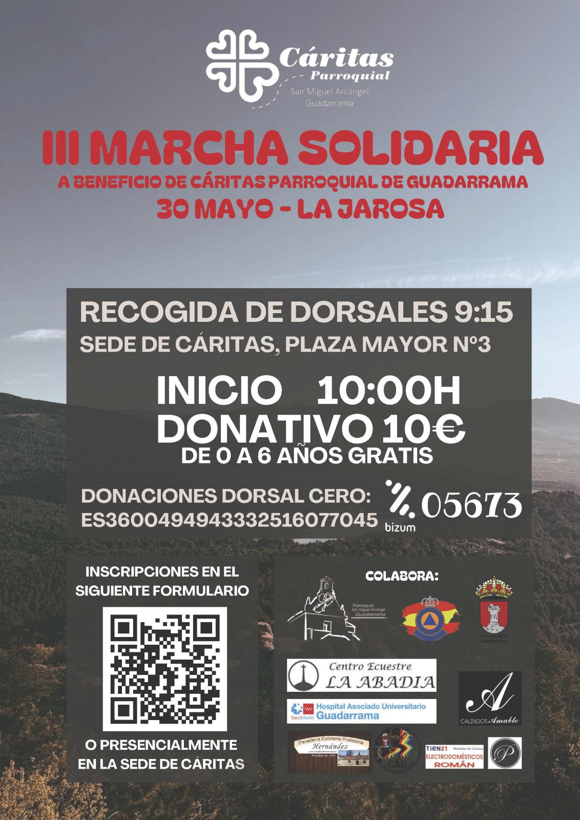 Cartel informativo de la III Marcha Solidaria de Cáritas en Guadarrama, con fondo de paisaje natural y detalles del evento.