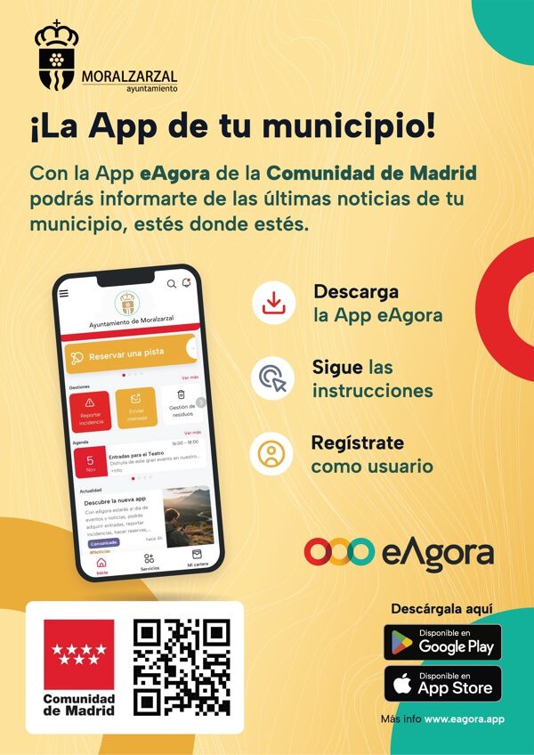 Cartel informativo sobre fondo amarillo con un teléfono móvil que muestra la aplicación eAgora y un código QR de descarga.