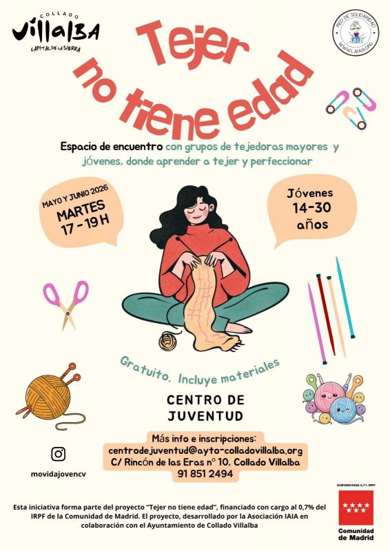 Cartel de "Tejer no tiene edad" con ilustración de una joven tejiendo, rodeada de lanas, agujas y datos del taller.