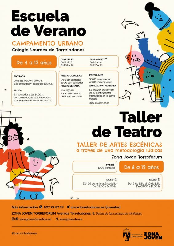 Folleto informativo con dibujos infantiles que detalla los horarios y precios de la Escuela de Verano y el Taller de Teatro.