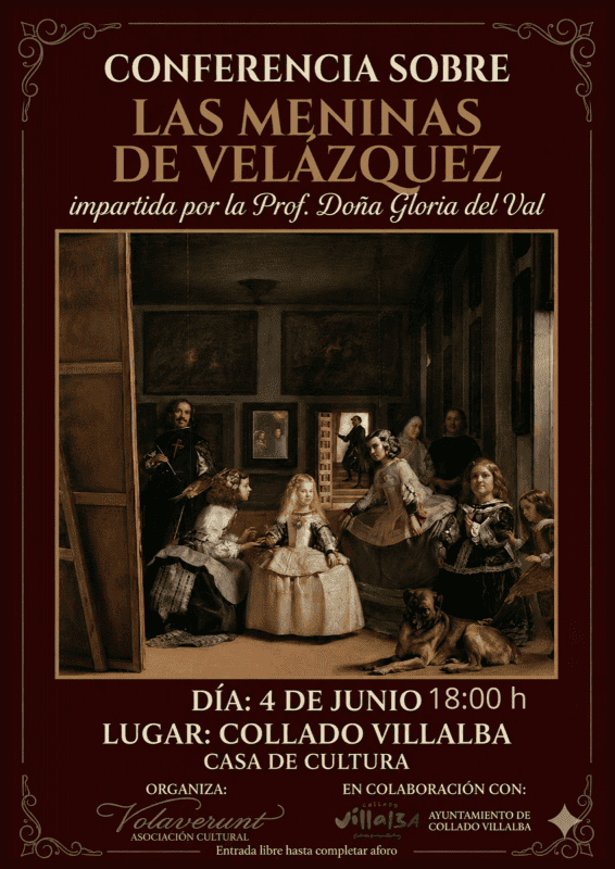 Cartel marrón de una conferencia sobre Las Meninas de Velázquez con el cuadro en el centro e información del evento.