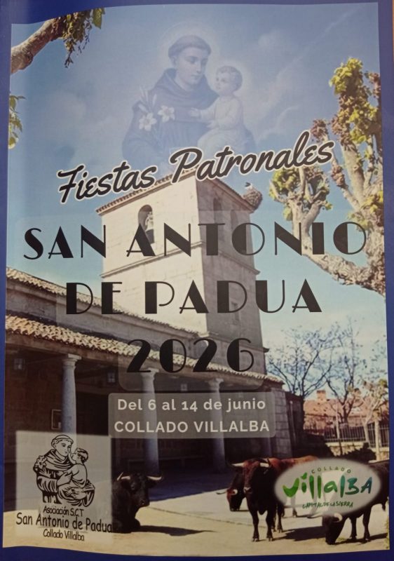 Cartel oficial de las Fiestas Patronales San Antonio de Padua 2026 con ilustraciones religiosas e históricas.