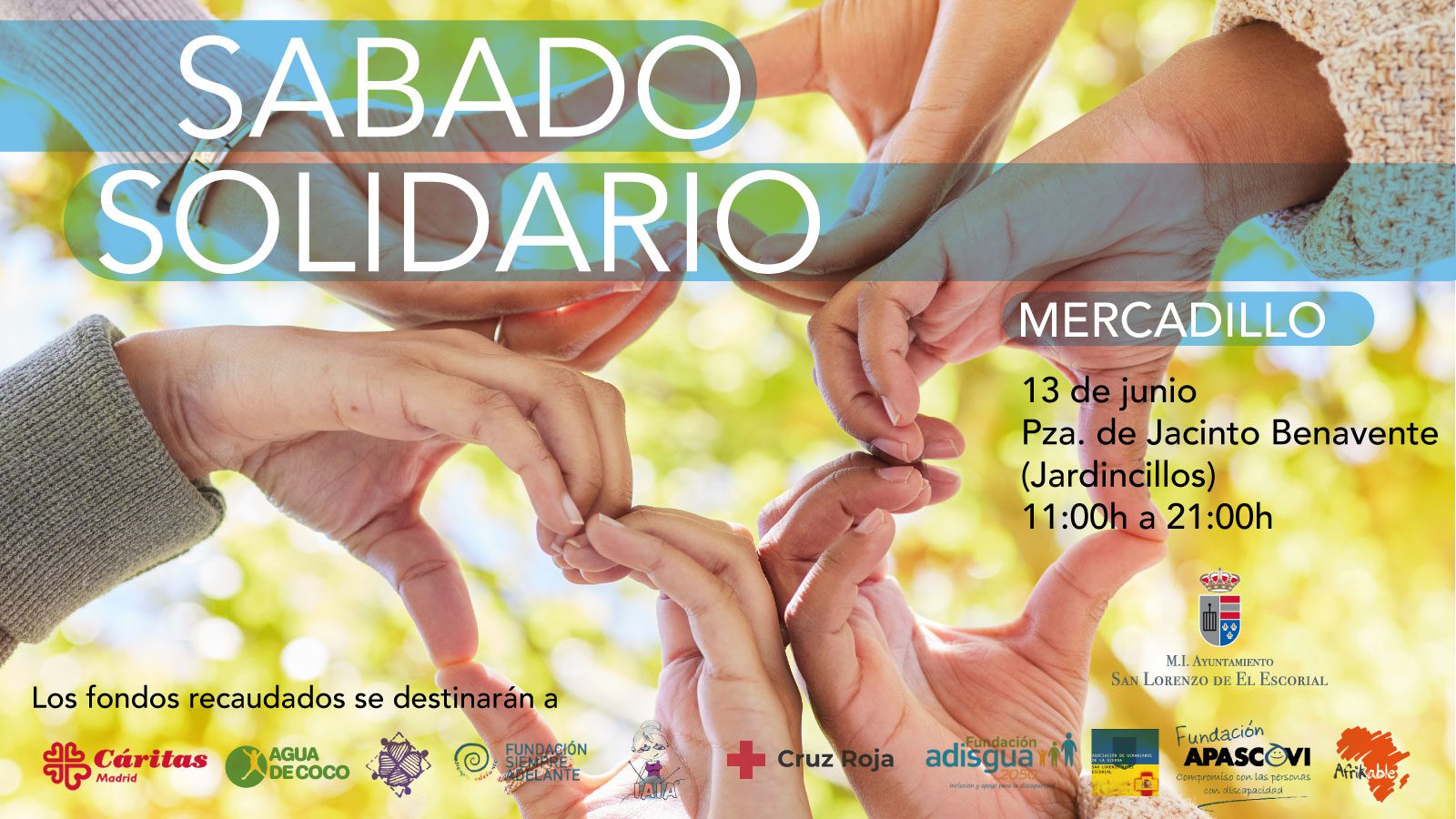 Cartel con fondo de árboles borrosos y varias manos entrelazadas formando un círculo sobre los detalles de un mercadillo.