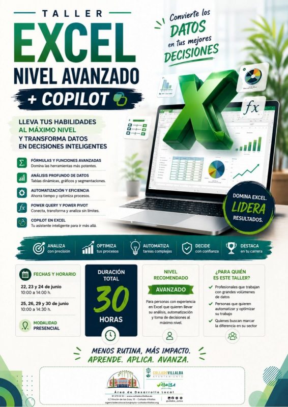 Cartel informativo del Taller Excel Nivel Avanzado + Copilot en Collado Villalba con las fechas, horario y temario.
