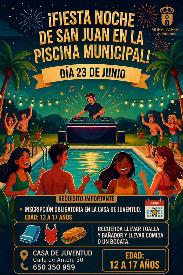 Cartel ilustrado de una fiesta nocturna en una piscina con un DJ, jóvenes bailando, palmeras y fuegos artificiales.
