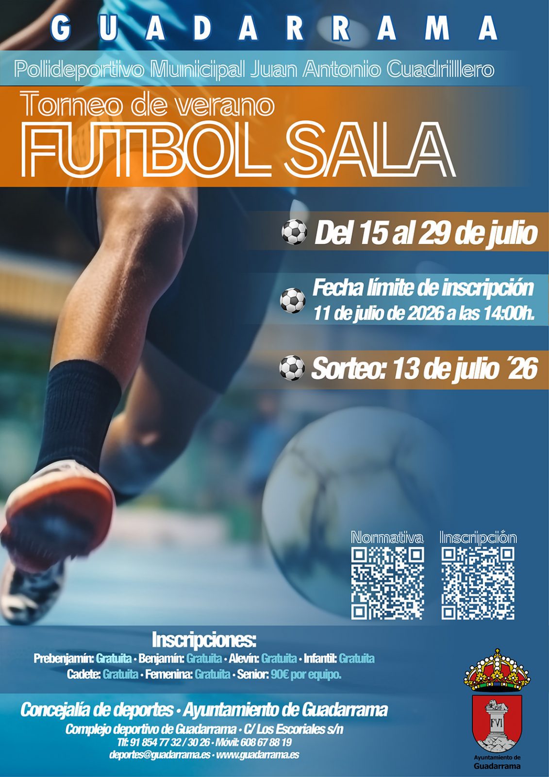 Cartel azul sobre el Torneo de verano Fútbol Sala en Guadarrama con fechas de inscripción y detalles de categorías.